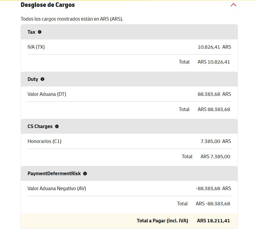 DHL Argentina charge breakdown VAT duty CS charges ARS 18211.41