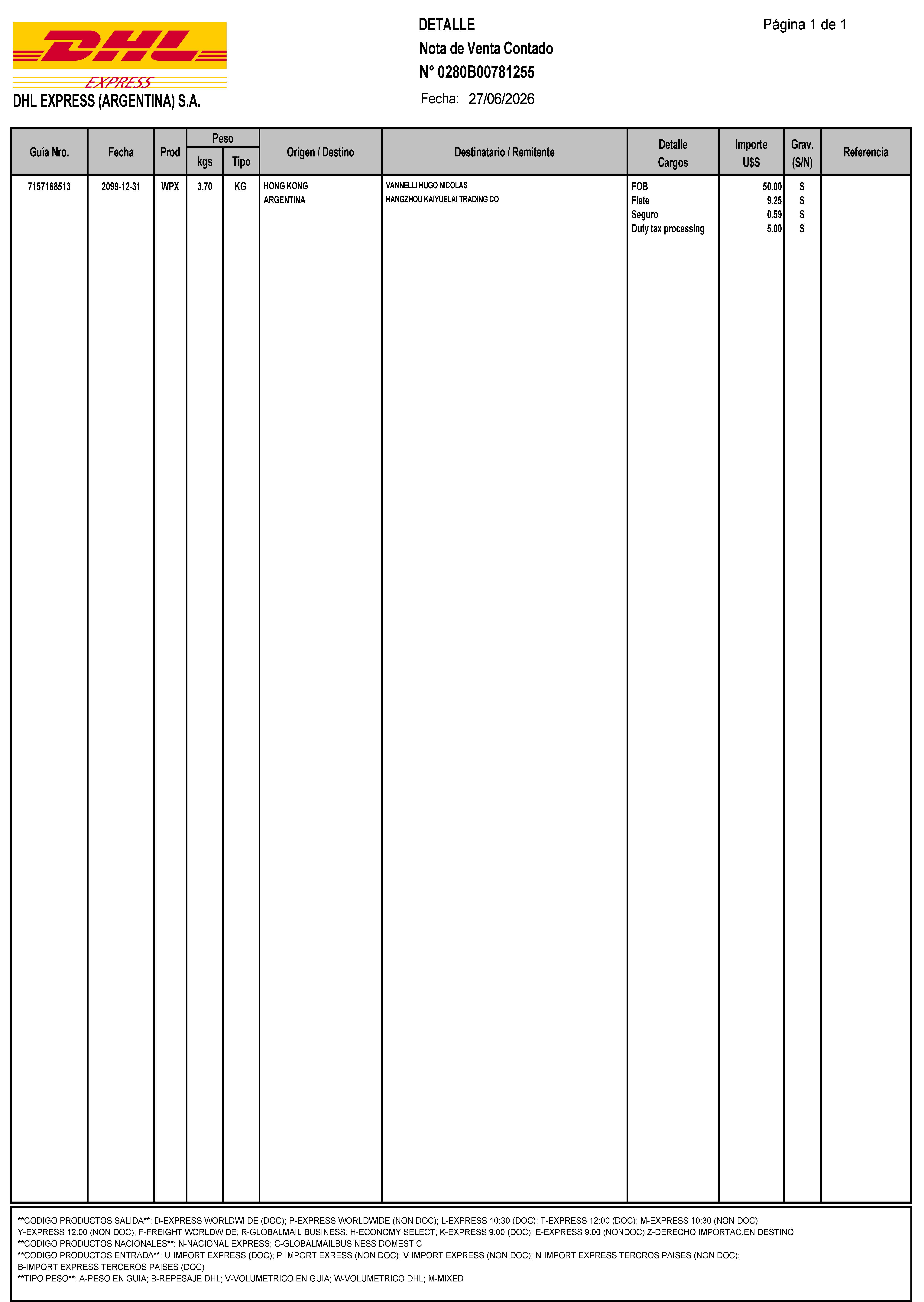 DHL Express Argentina Nota de Venta detail page for shipment 7157168513