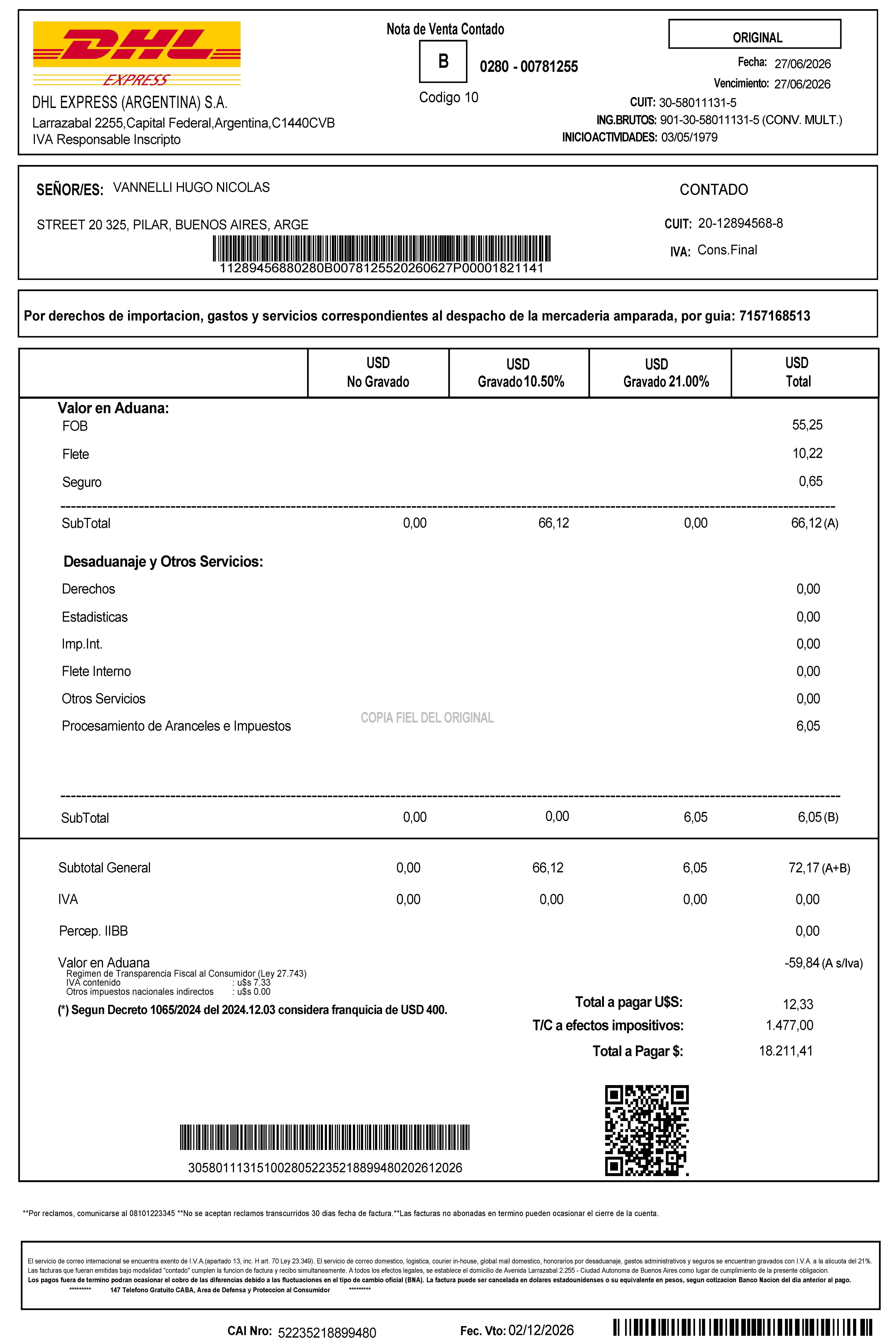 DHL Express Argentina Nota de Venta invoice 0280 00781255 total ARS 18211.41