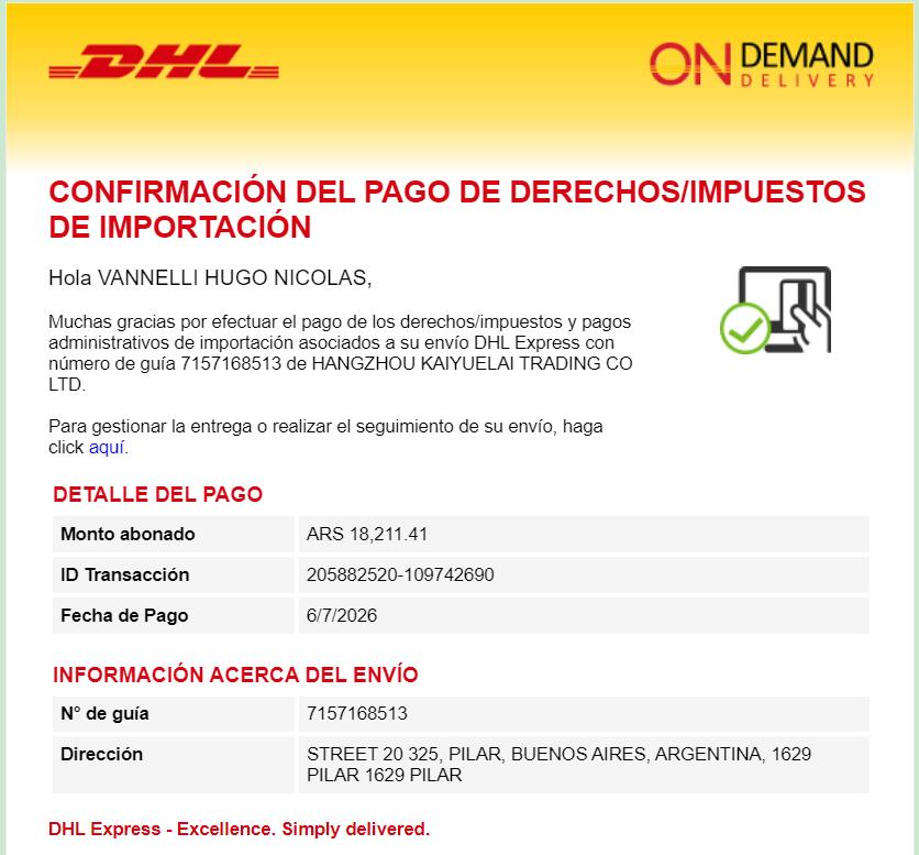 DHL On Demand Delivery Argentina import duties taxes payment confirmation 7157168513