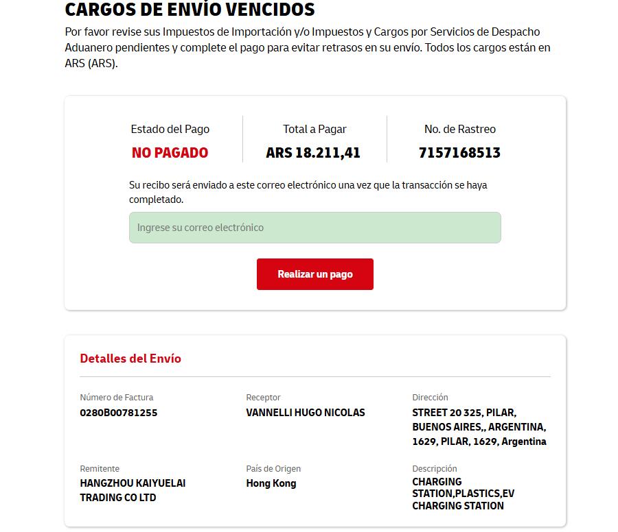 DHL Argentina overdue shipping charges payment page ARS 18211.41
