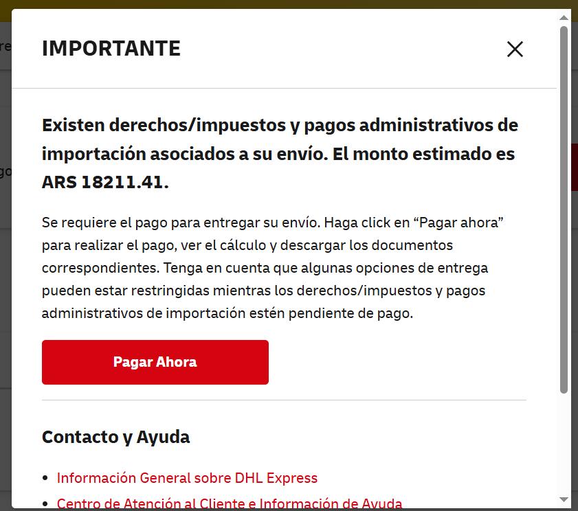 DHL Argentina import duties taxes payment required modal ARS 18211.41