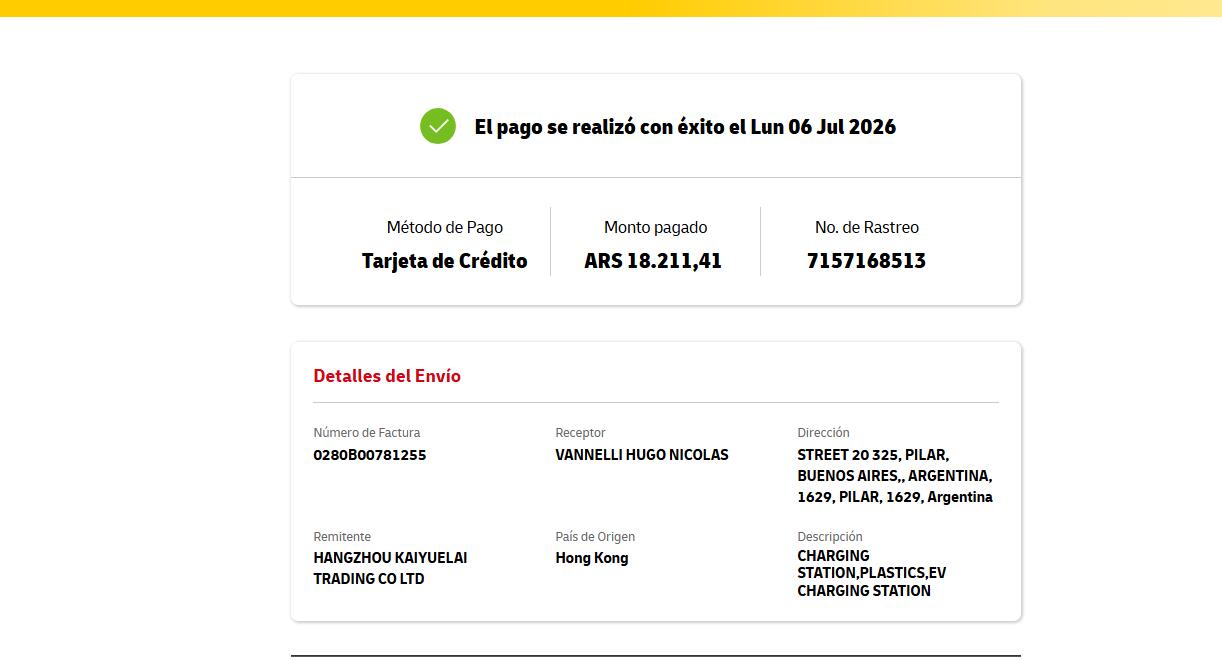 DHL Argentina payment success credit card ARS 18211.41 shipment 7157168513
