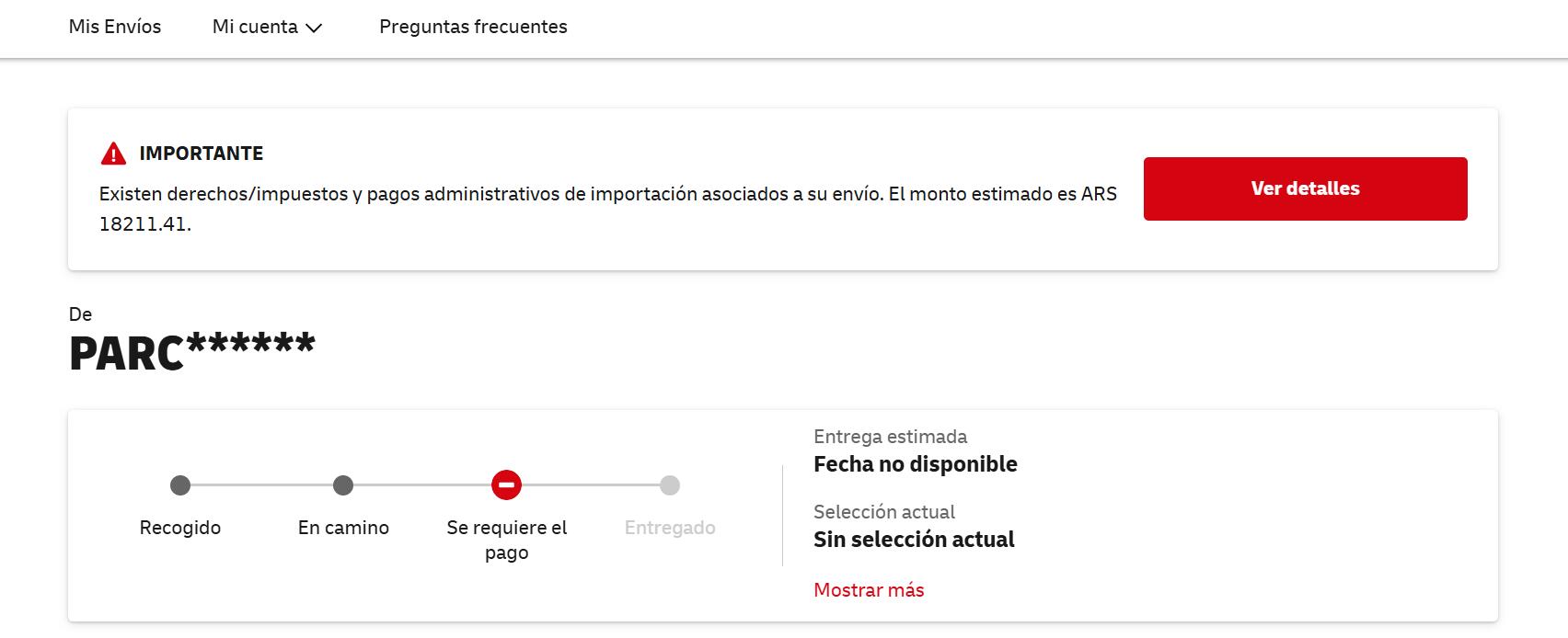 DHL Argentina tracking page payment required for shipment 7157168513