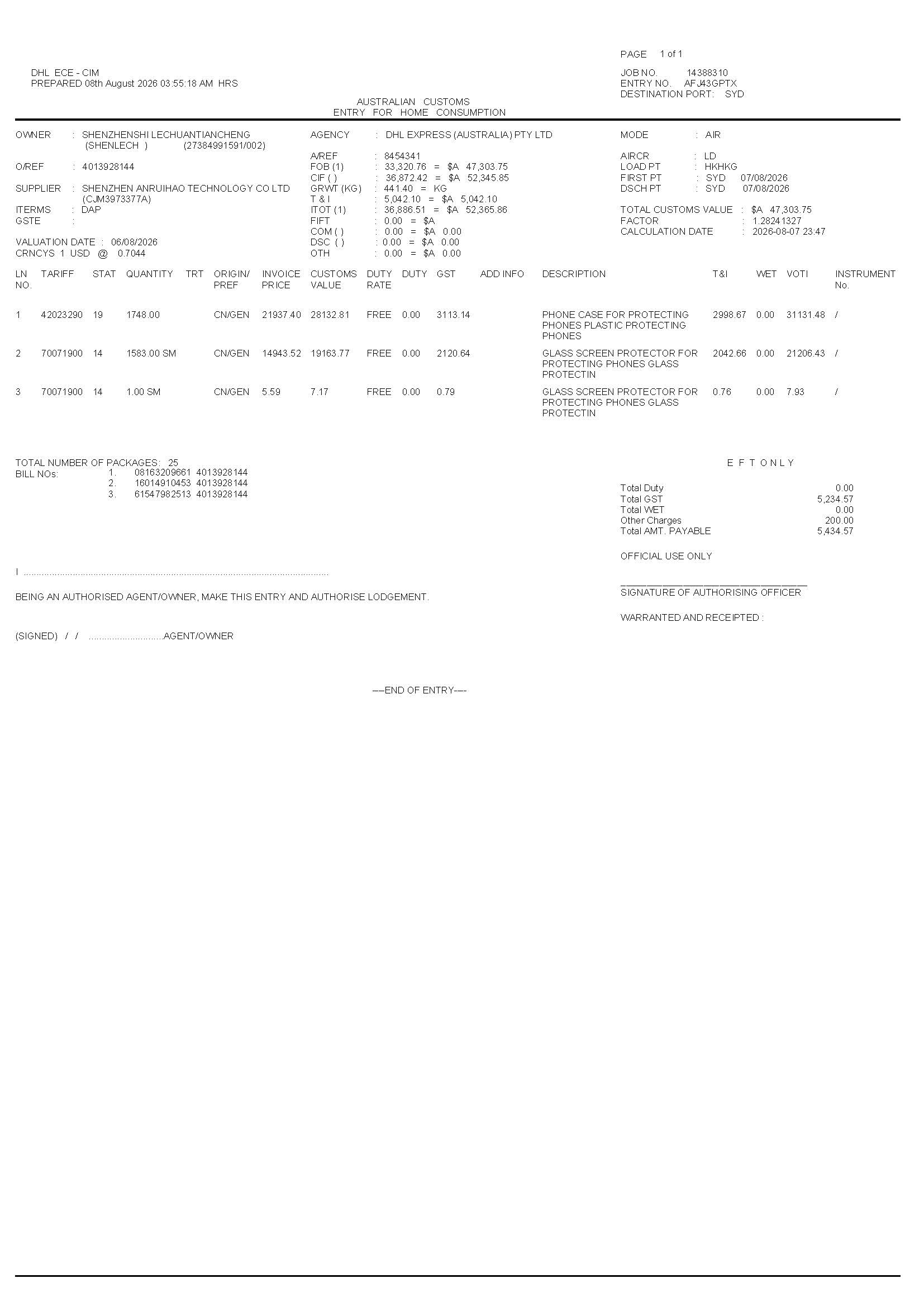 Australian Customs Entry for Home Consumption showing GST and other charges