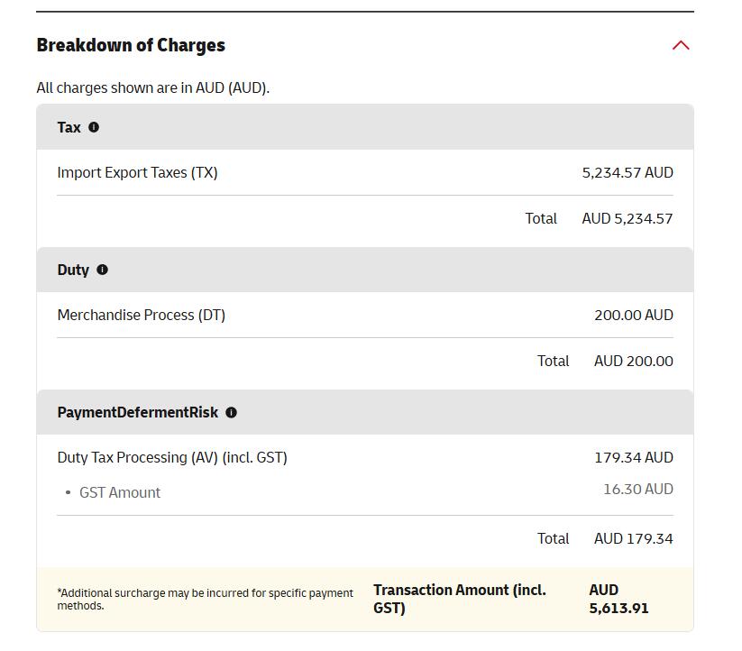 DHL Australia breakdown of GST customs and processing charges