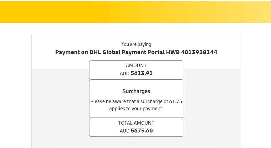 DHL Australia payment portal showing AUD 61.75 surcharge