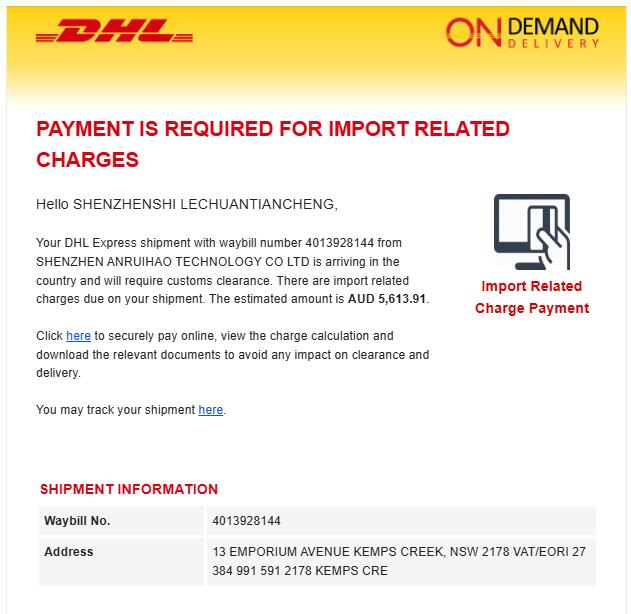 DHL Australia payment required notice showing AUD 5613.91