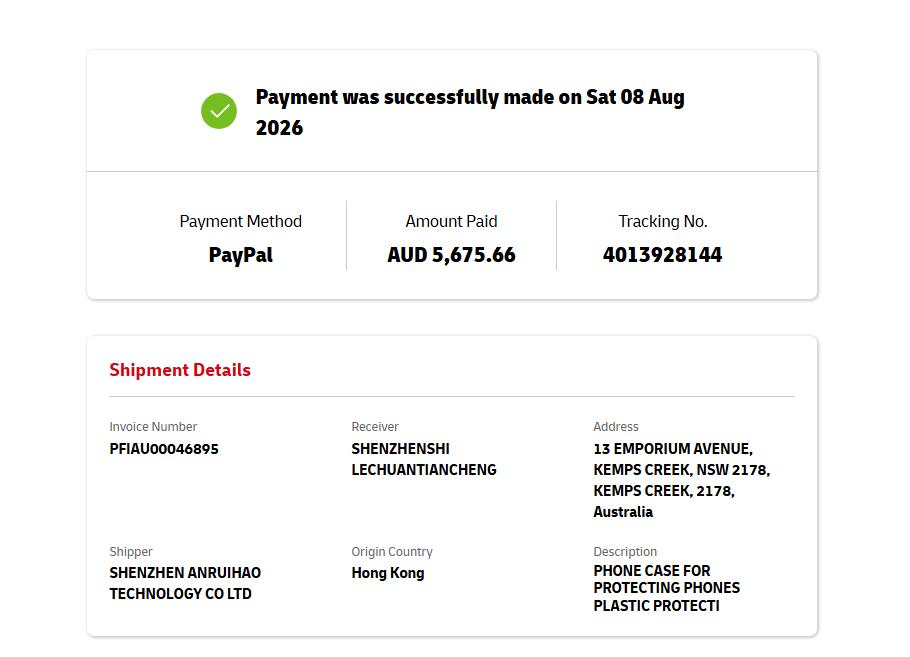 DHL Australia PayPal payment confirmation showing AUD 5675.66
