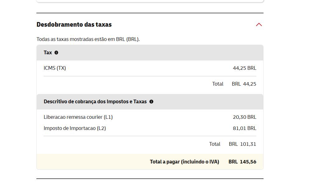 DHL Brazil tax and fee charge breakdown 4103756171