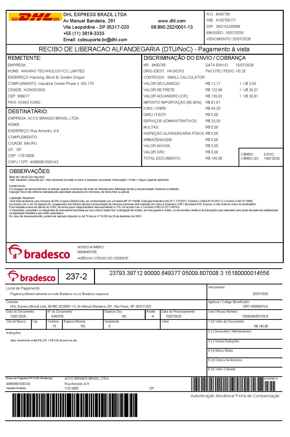 DHL Brazil customs release receipt and Bradesco payment slip 4103756171
