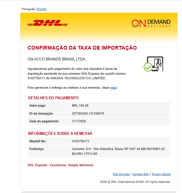 DHL Brazil import duty payment confirmation 4103756171