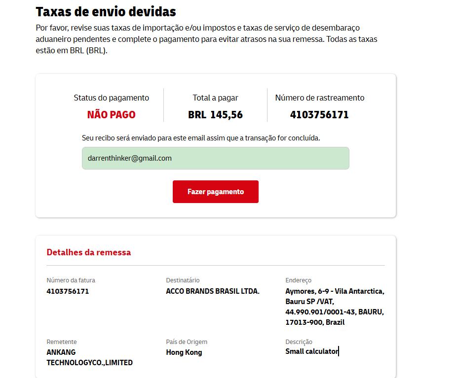 DHL Brazil import fees payment page 4103756171