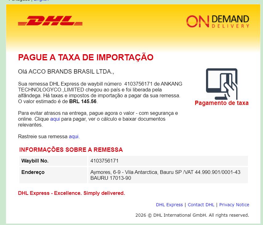 DHL Brazil import duty payment required notice 4103756171