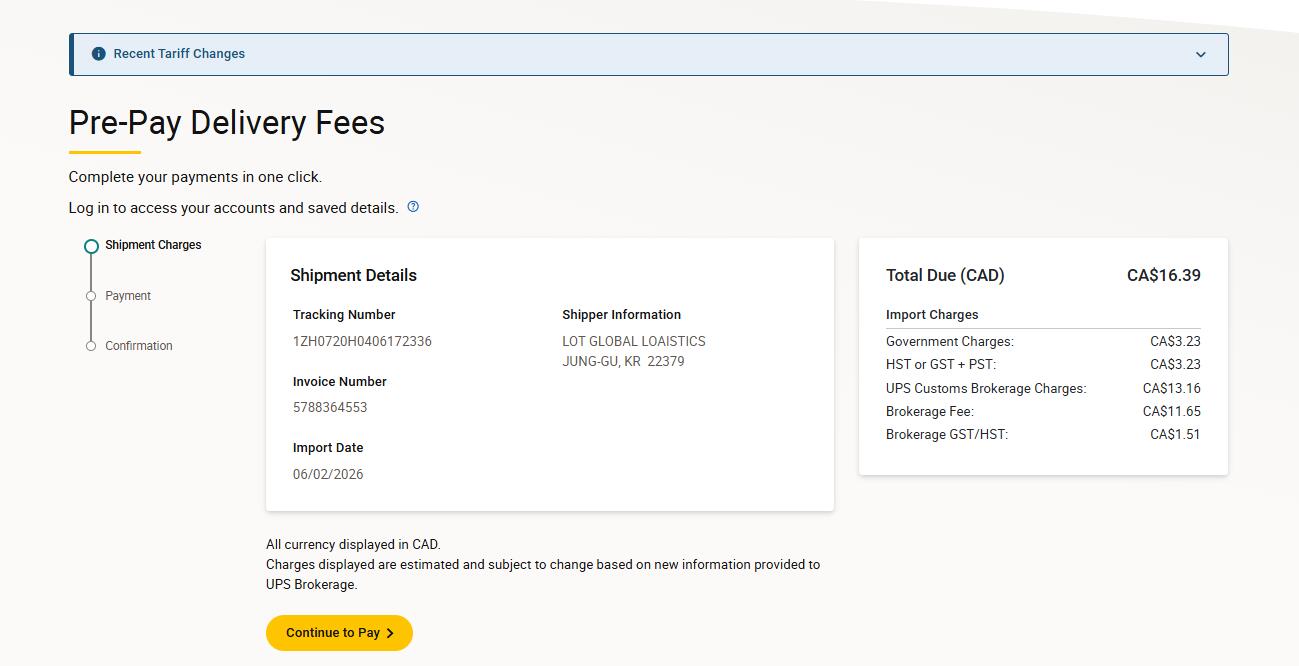 UPS Canada payment confirmation import charges sample