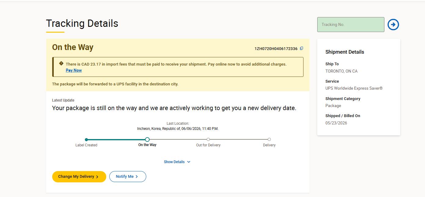 UPS Canada tracking page import fees due sample