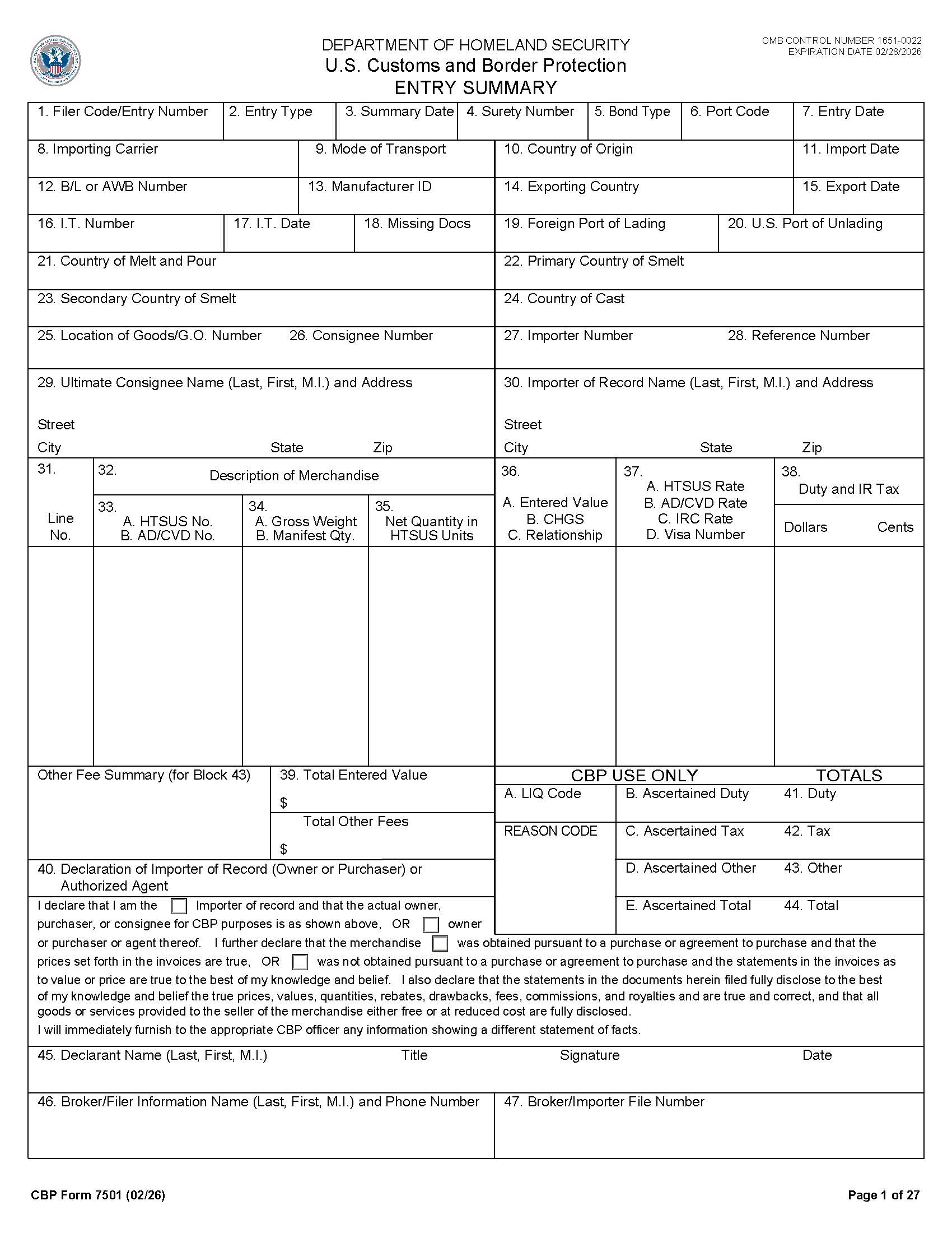 CBP Form 7501 entry summary sample