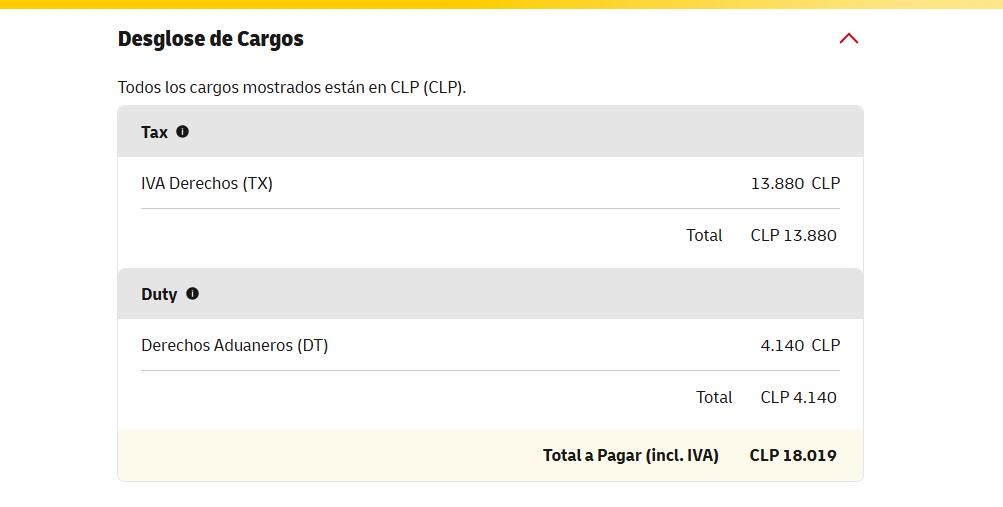 DHL Chile charge breakdown sample