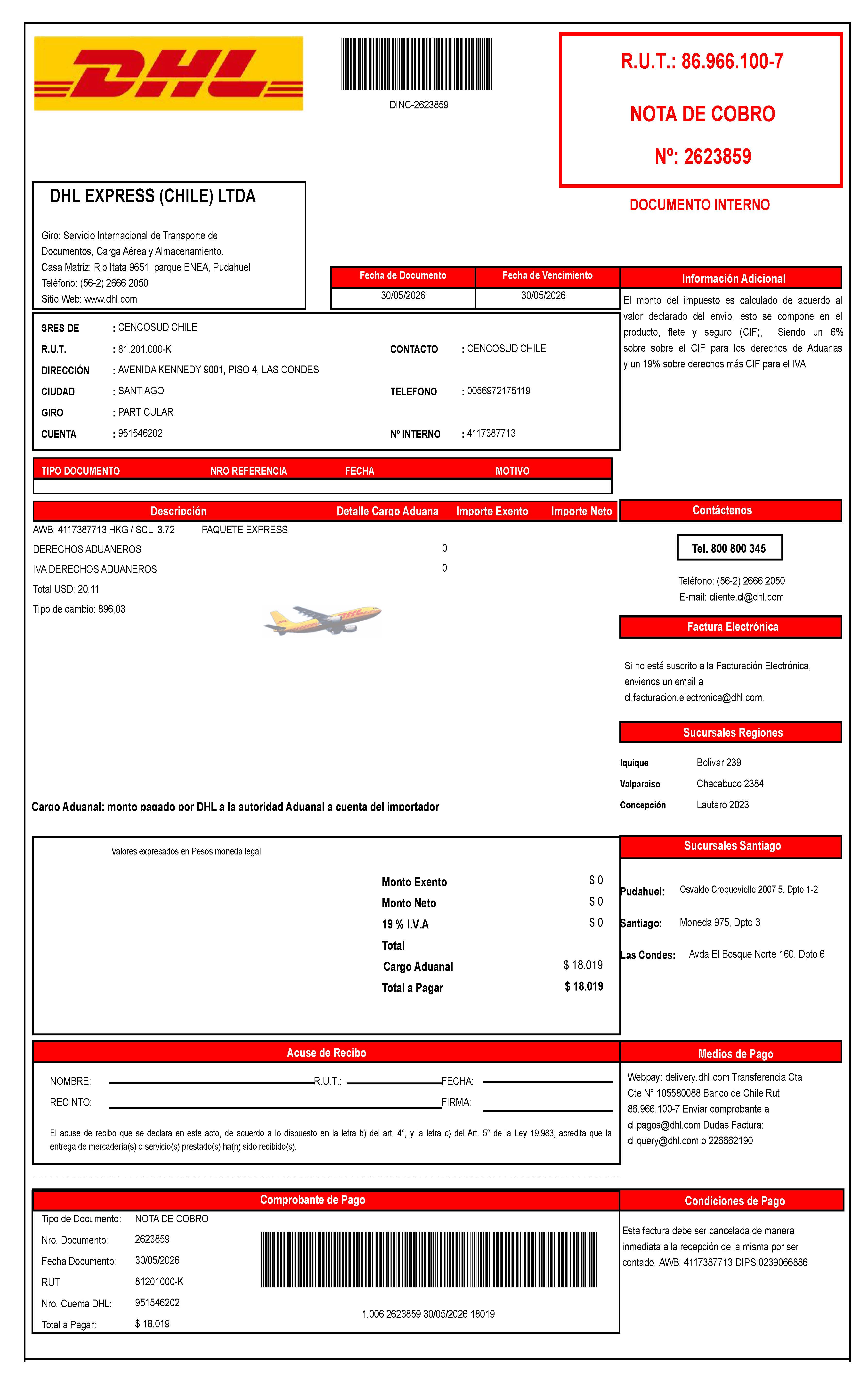 DHL Chile nota de cobro customs charge sample