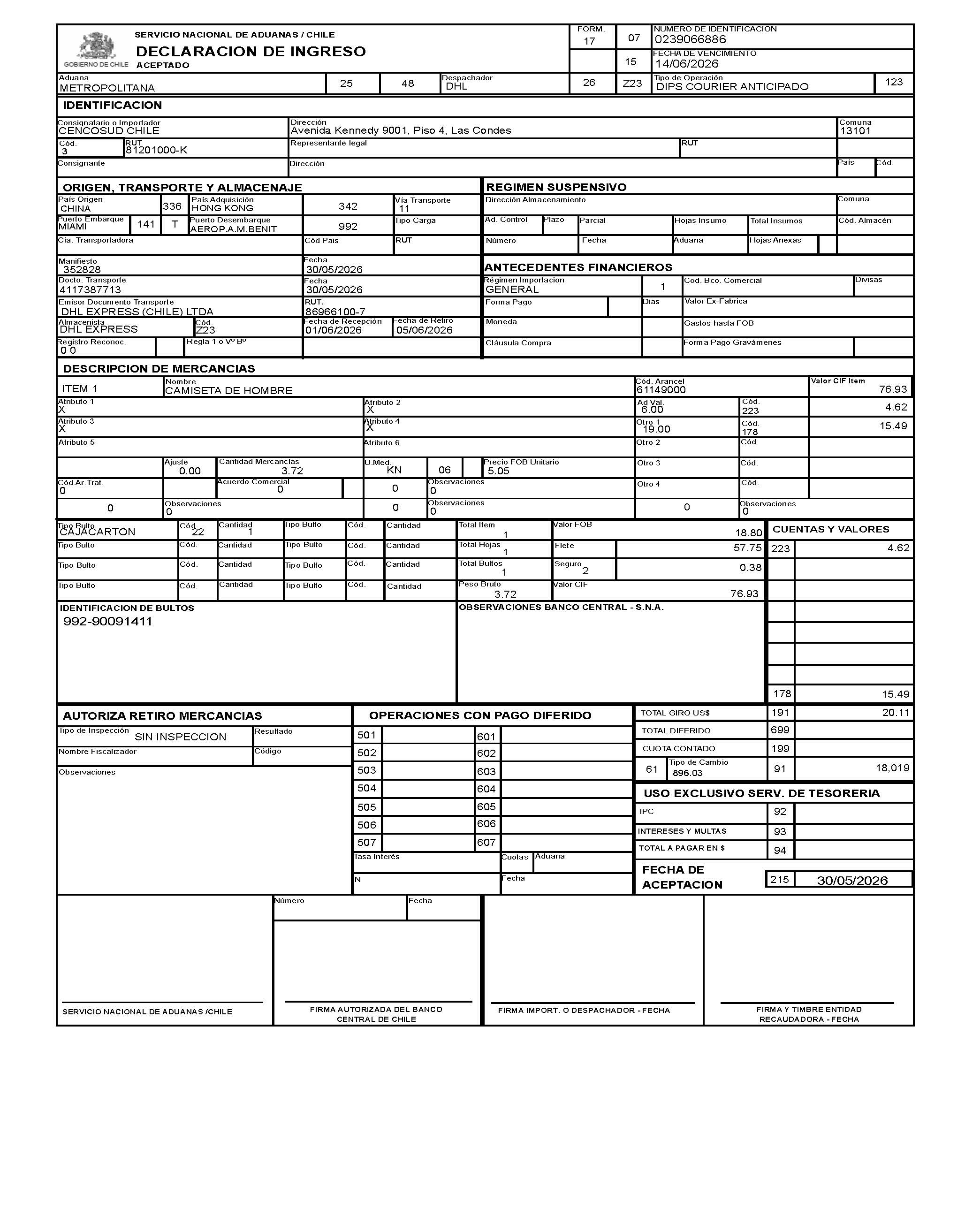Chile import declaration ingreso sample