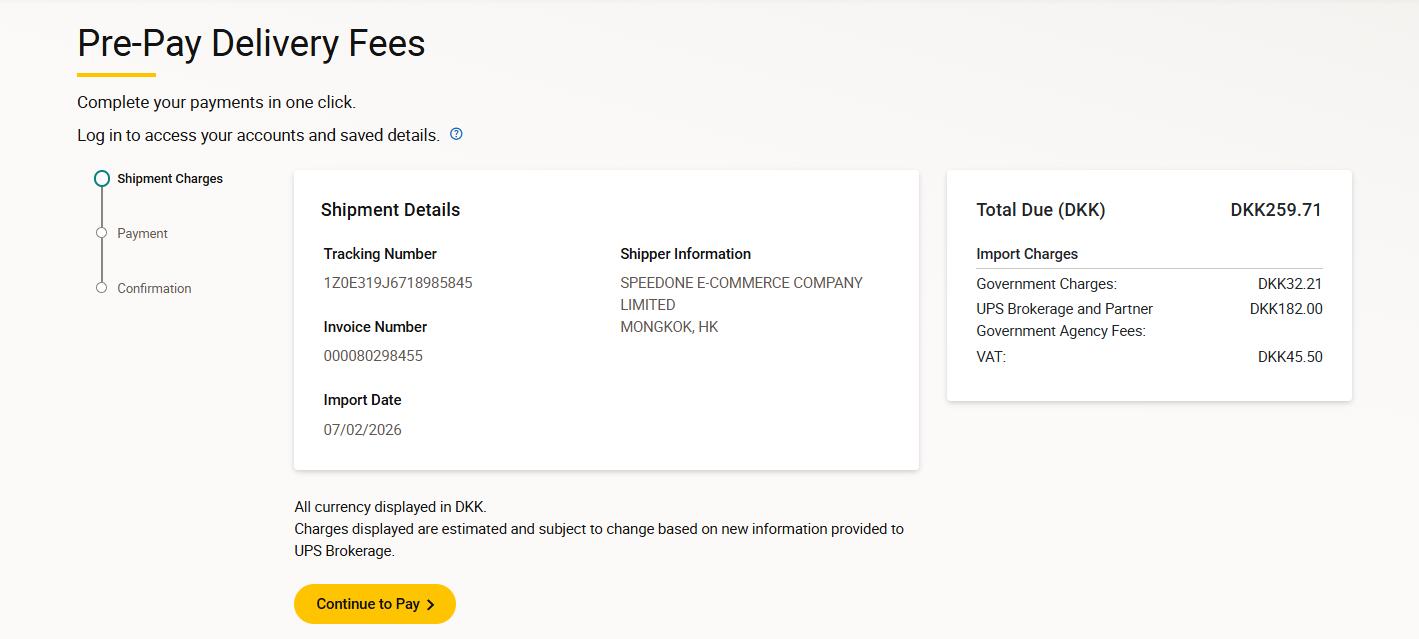UPS Denmark pre-pay delivery fees DKK 259.71 sample