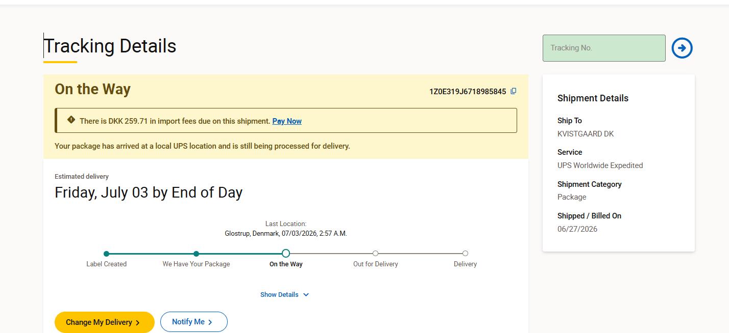 UPS Denmark tracking import fees due DKK 259.71 sample