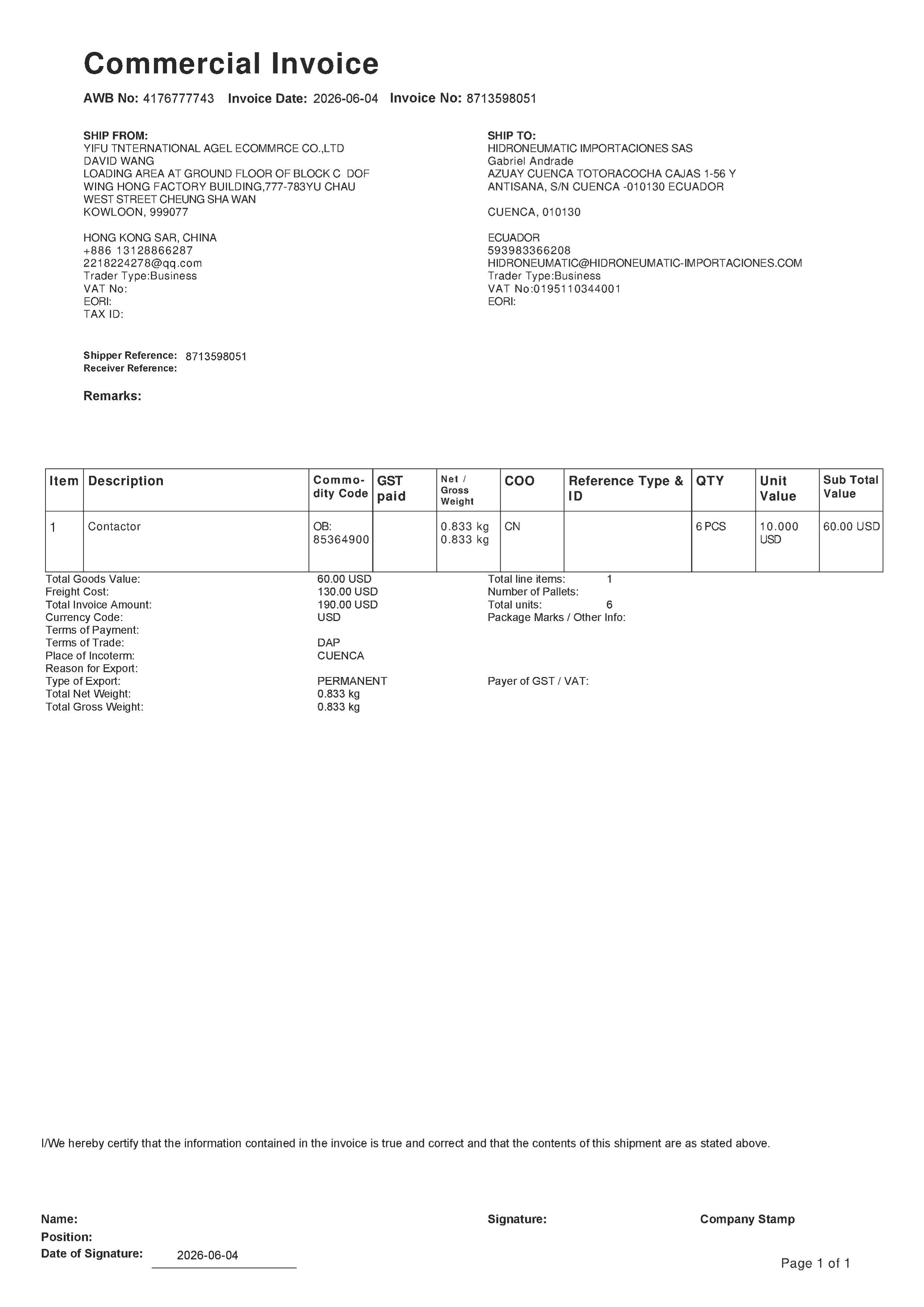 Commercial invoice for DHL Ecuador waybill 4176777743