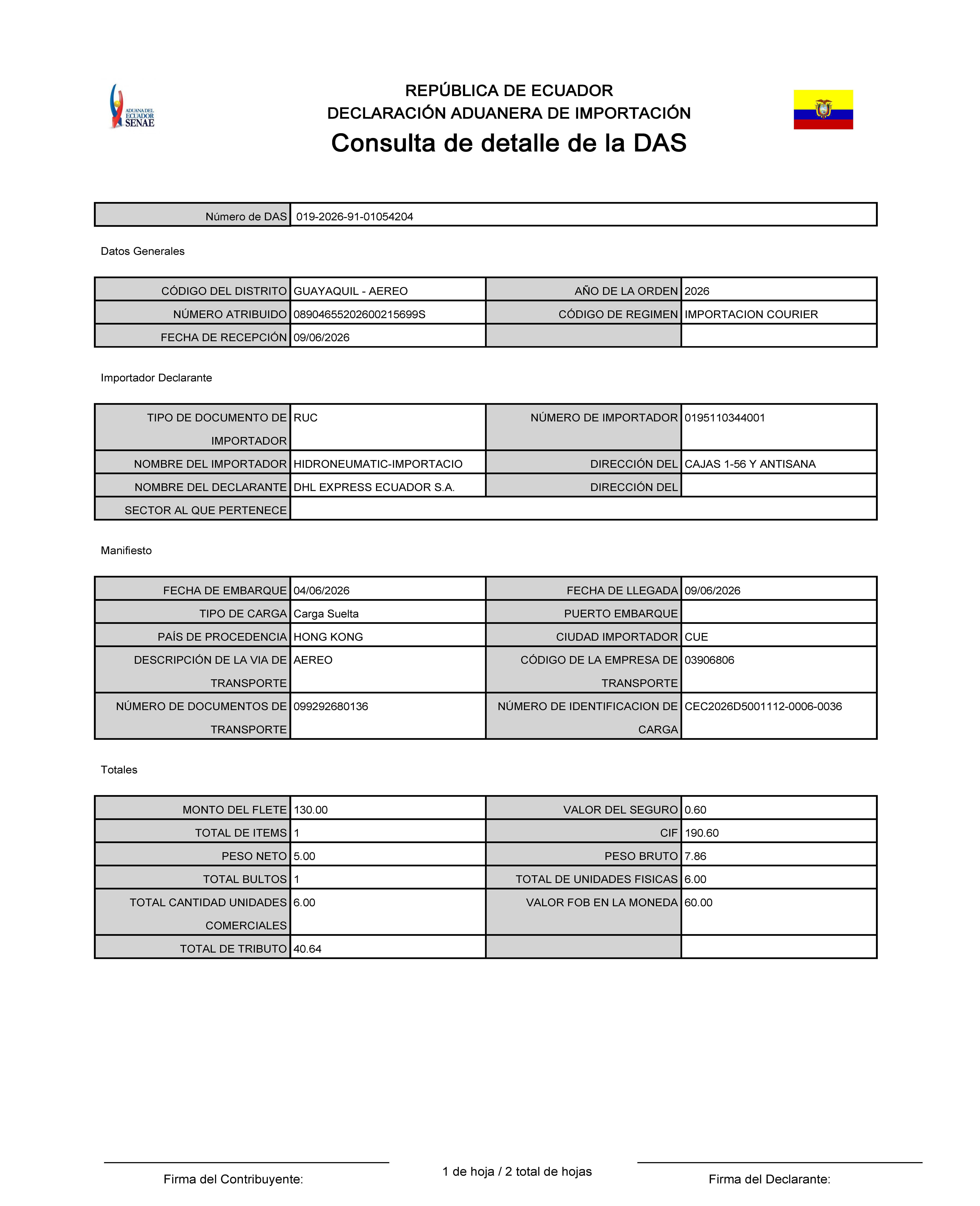 Ecuador DAS import declaration page 1 for waybill 4176777743