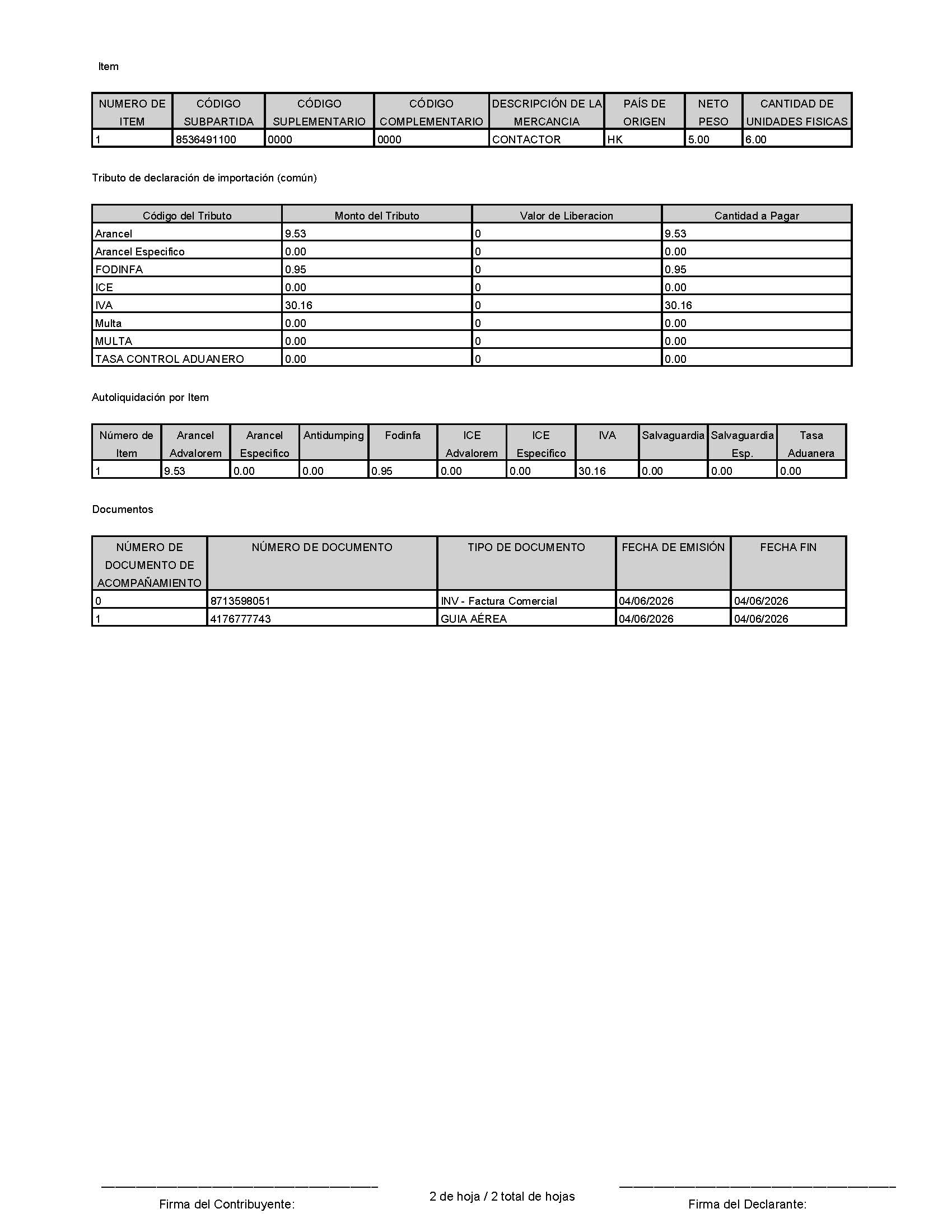 Ecuador DAS import declaration page 2 tax detail for waybill 4176777743