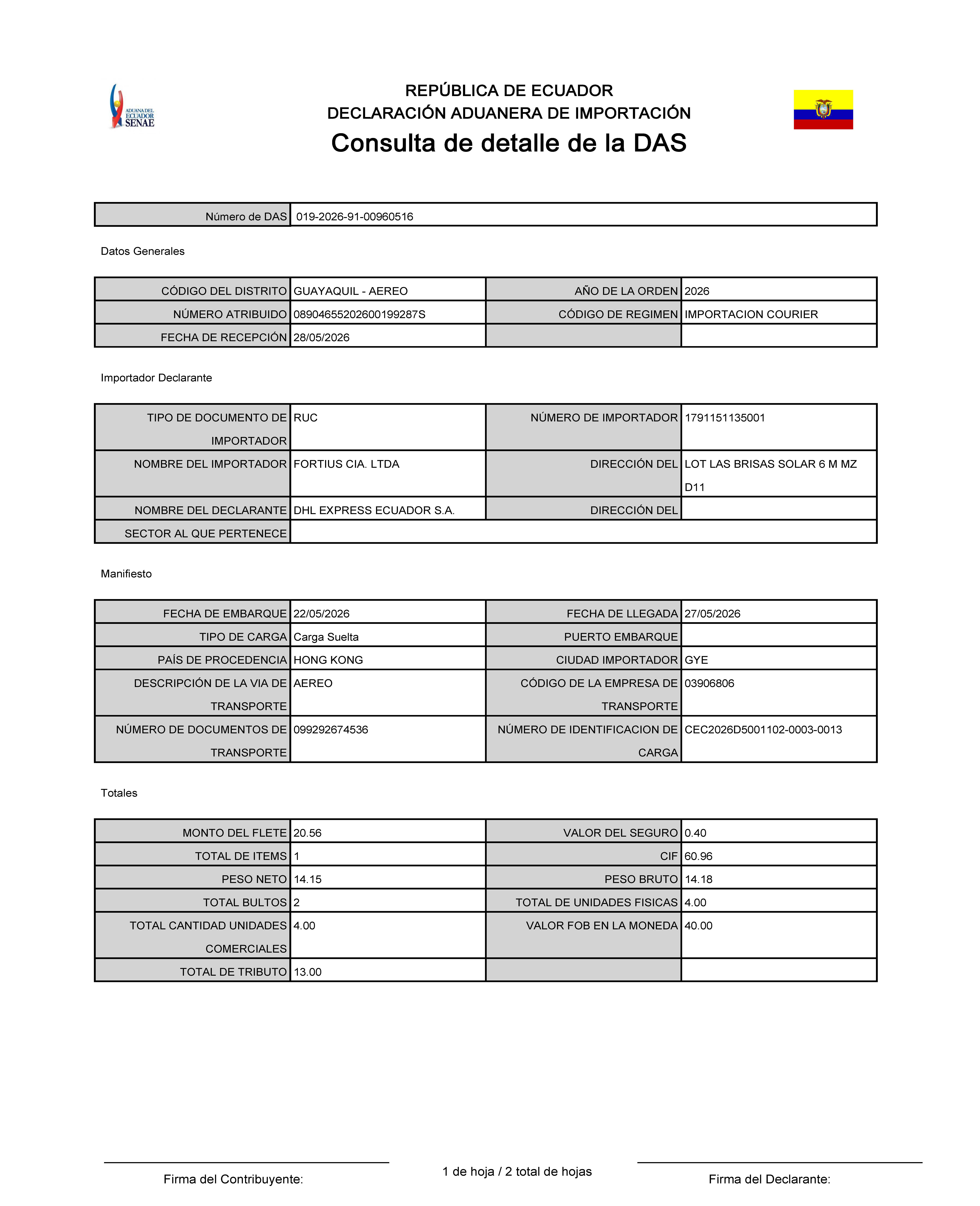 Ecuador DAS import declaration page 1 sample