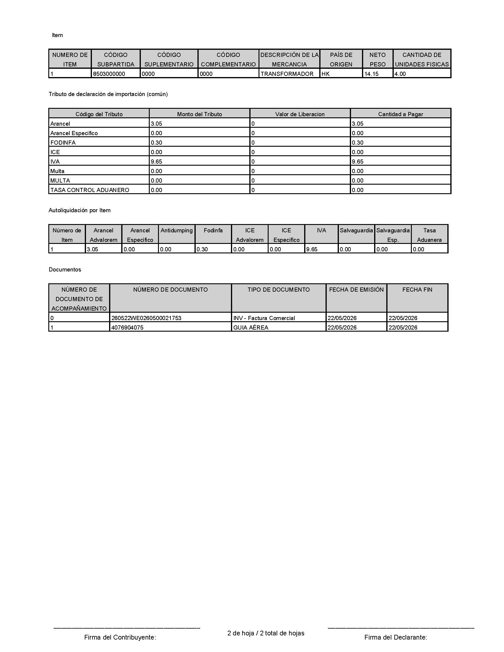 Ecuador DAS import declaration page 2 tax detail sample