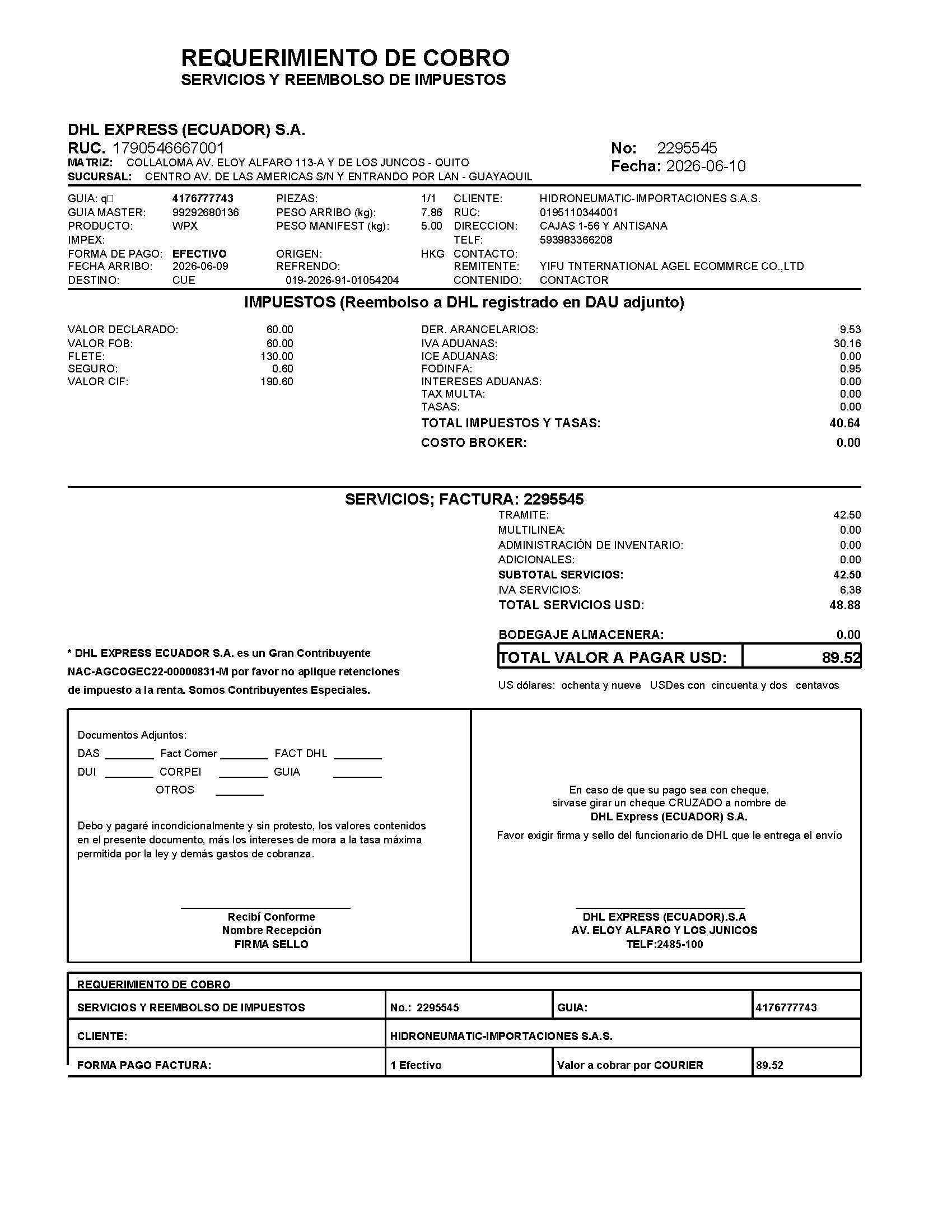 DHL Ecuador requerimiento de cobro services and tax reimbursement sample