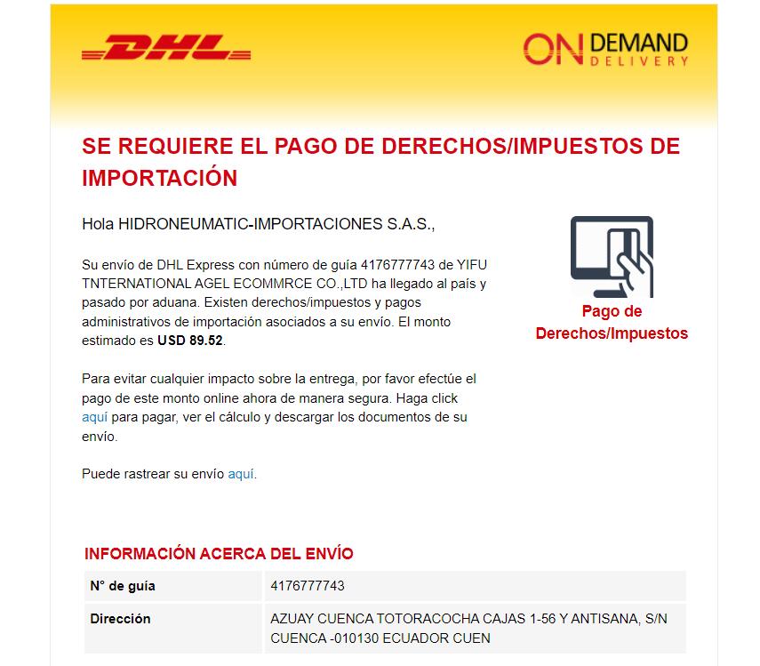 DHL Ecuador payment required notice for waybill 4176777743