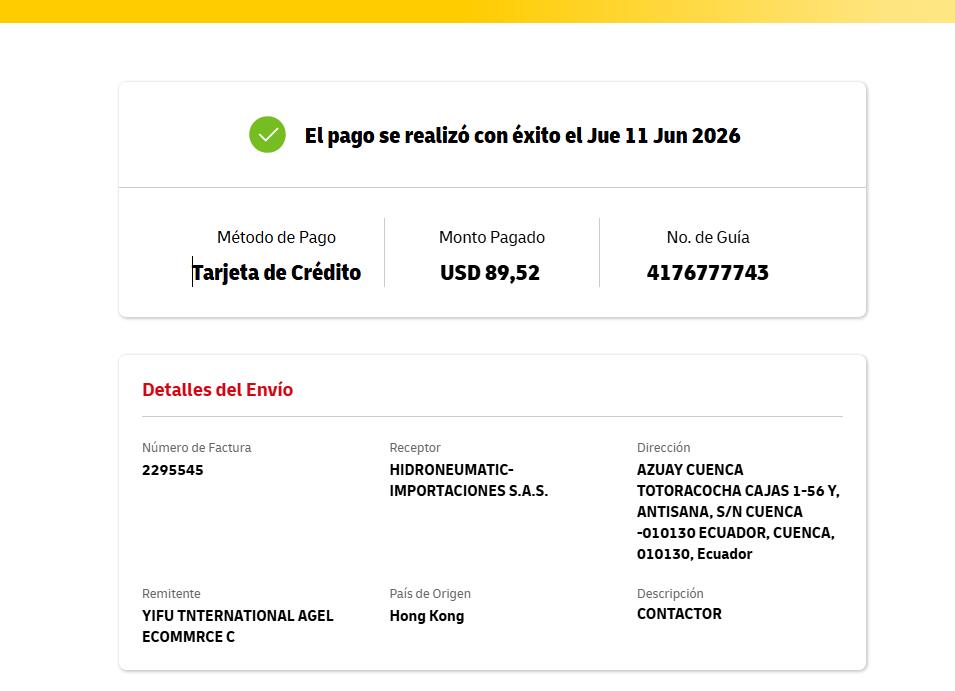 DHL Ecuador payment success USD 89.52 for waybill 4176777743