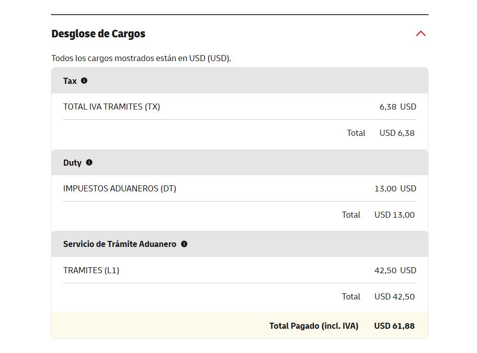 DHL Ecuador charge breakdown payment detail sample
