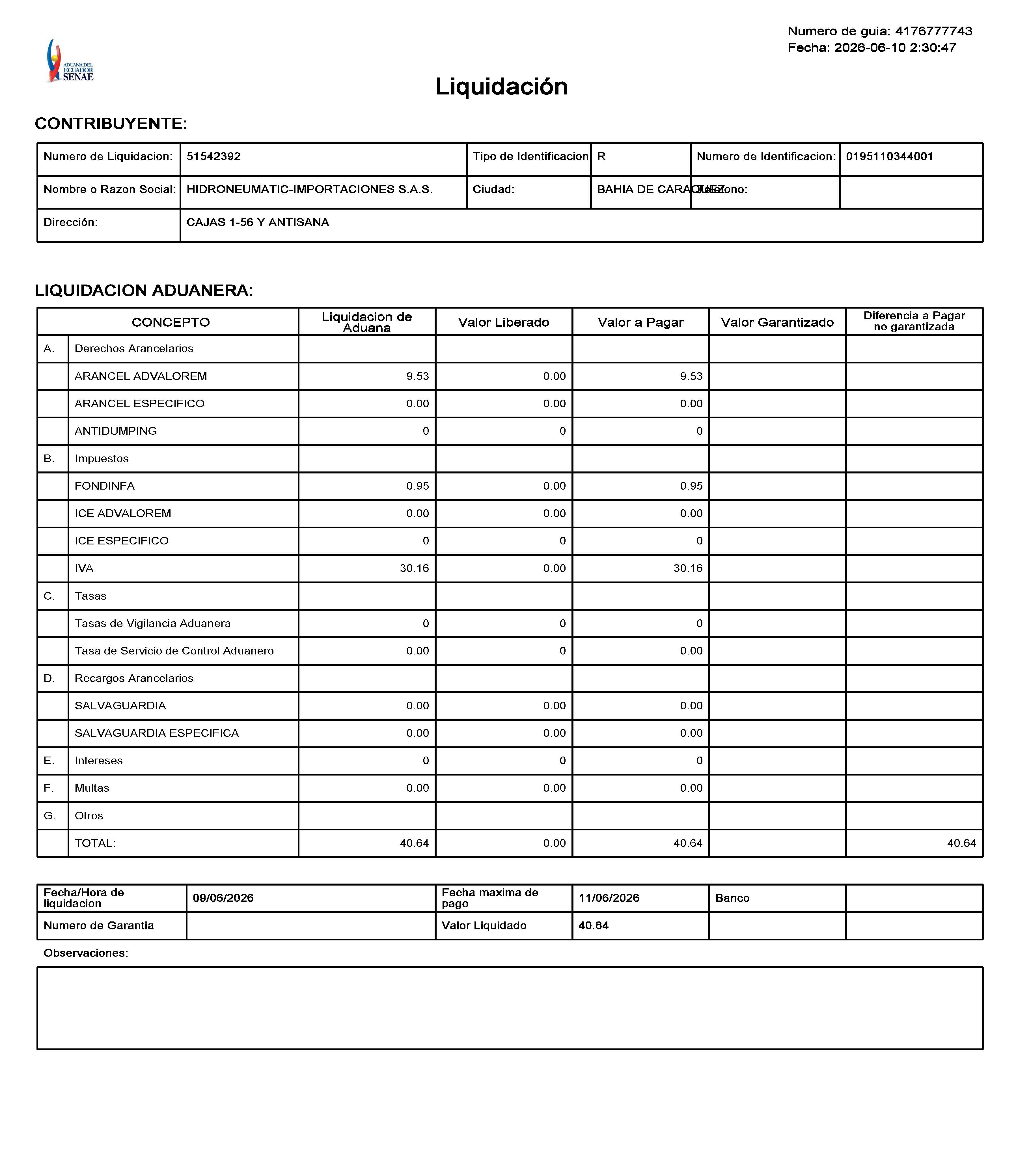 Ecuador SENAE liquidacion customs duty VAT sample for waybill 4176777743