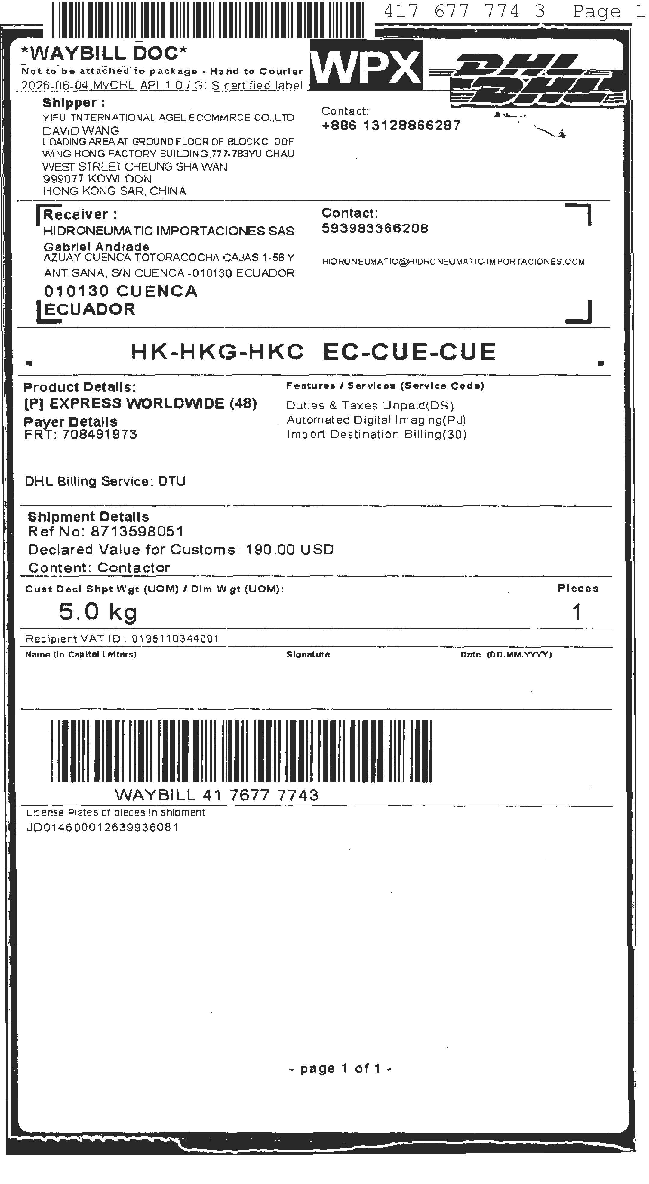 DHL Ecuador waybill document 4176777743 sample
