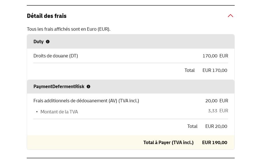 DHL France charge breakdown duty and clearance fees EUR 190 waybill 9803488494