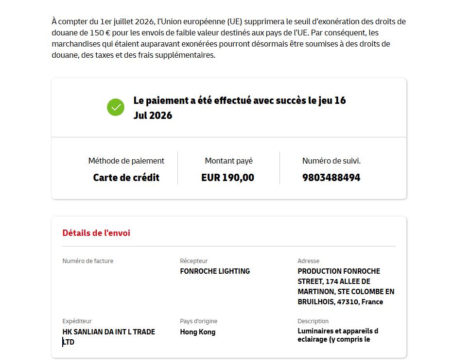 DHL France payment success EUR 190 waybill 9803488494