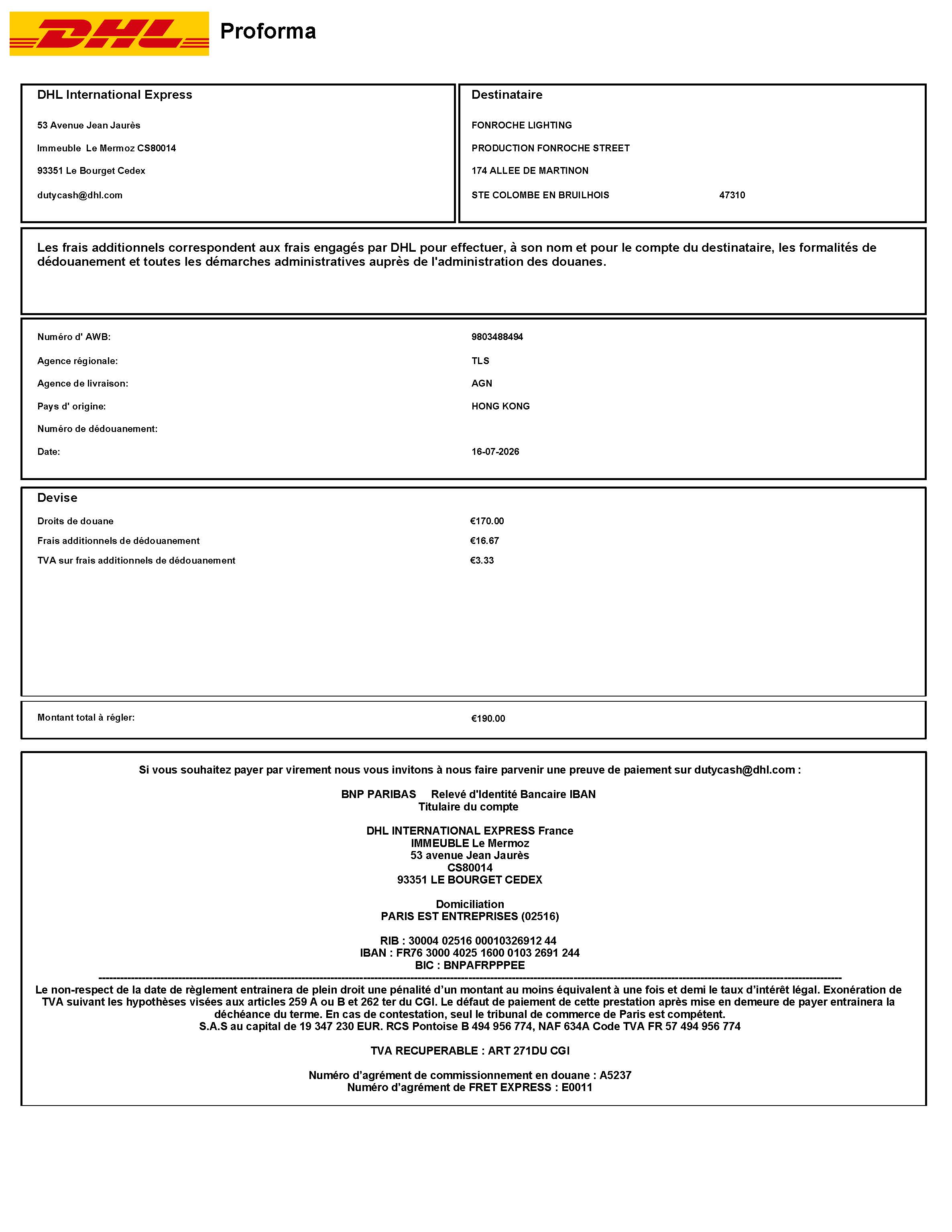 DHL France Proforma customs duty clearance fees EUR 190 waybill 9803488494