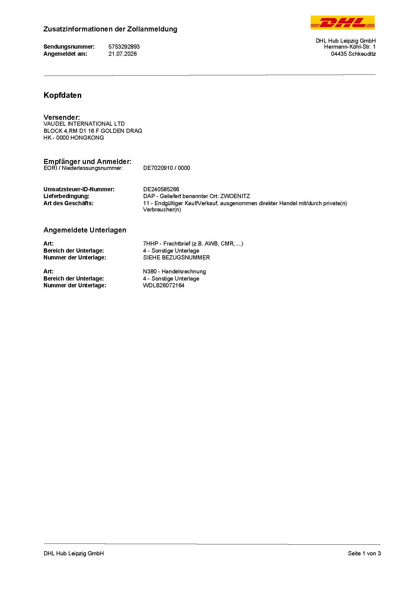 DHL Germany customs declaration header and submitted documents