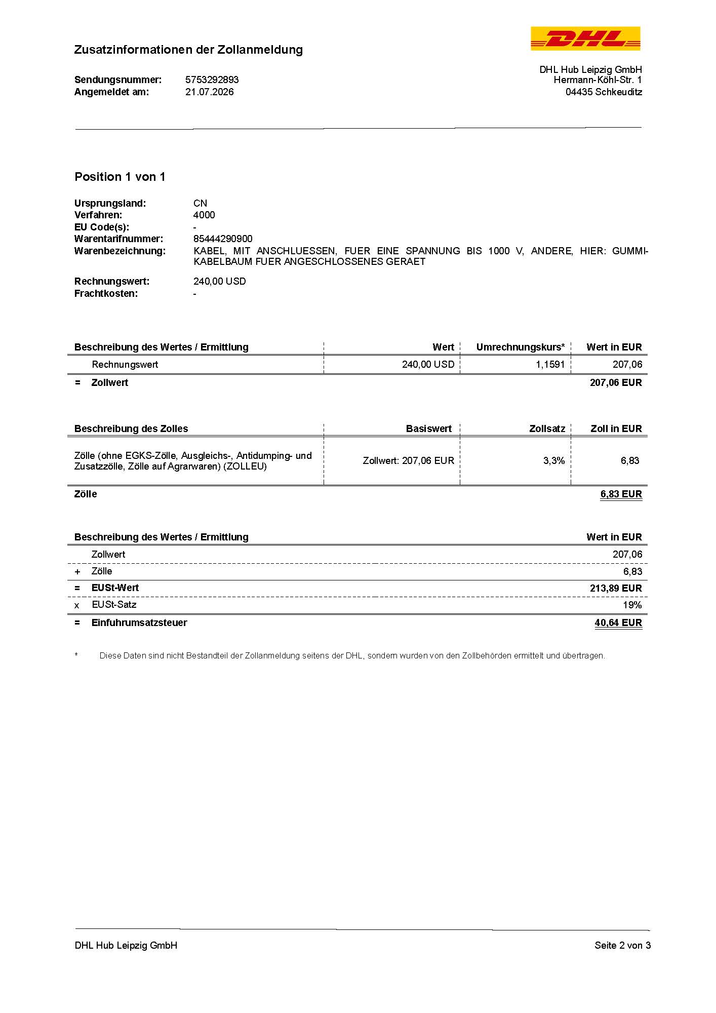 DHL Germany customs value duty and import VAT calculation