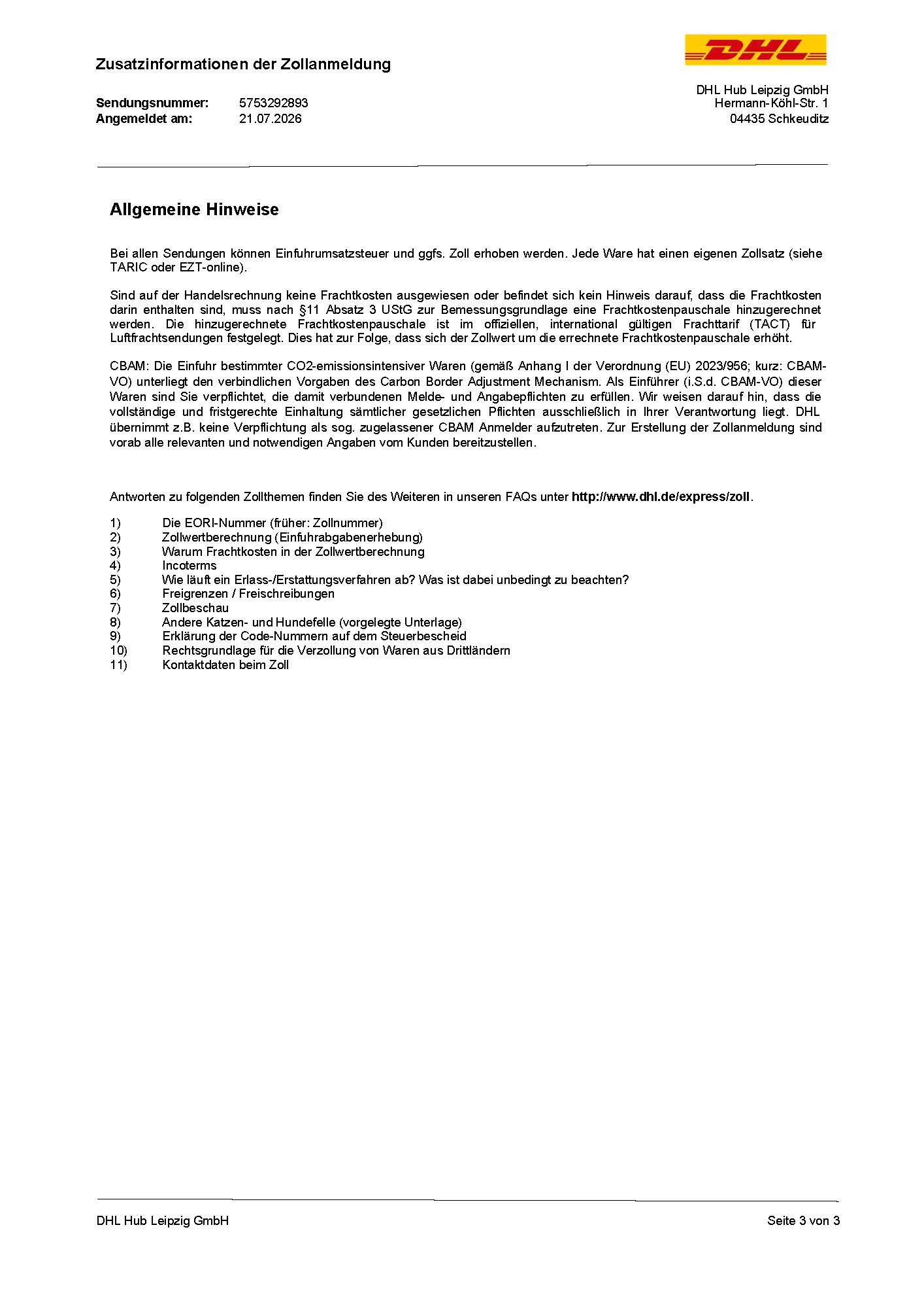 DHL Germany customs declaration general notes