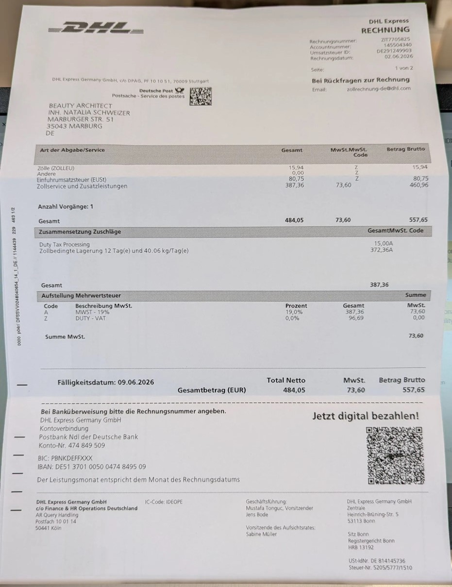 DHL Germany paper Rechnung customs duty VAT service fee EUR 557.65
