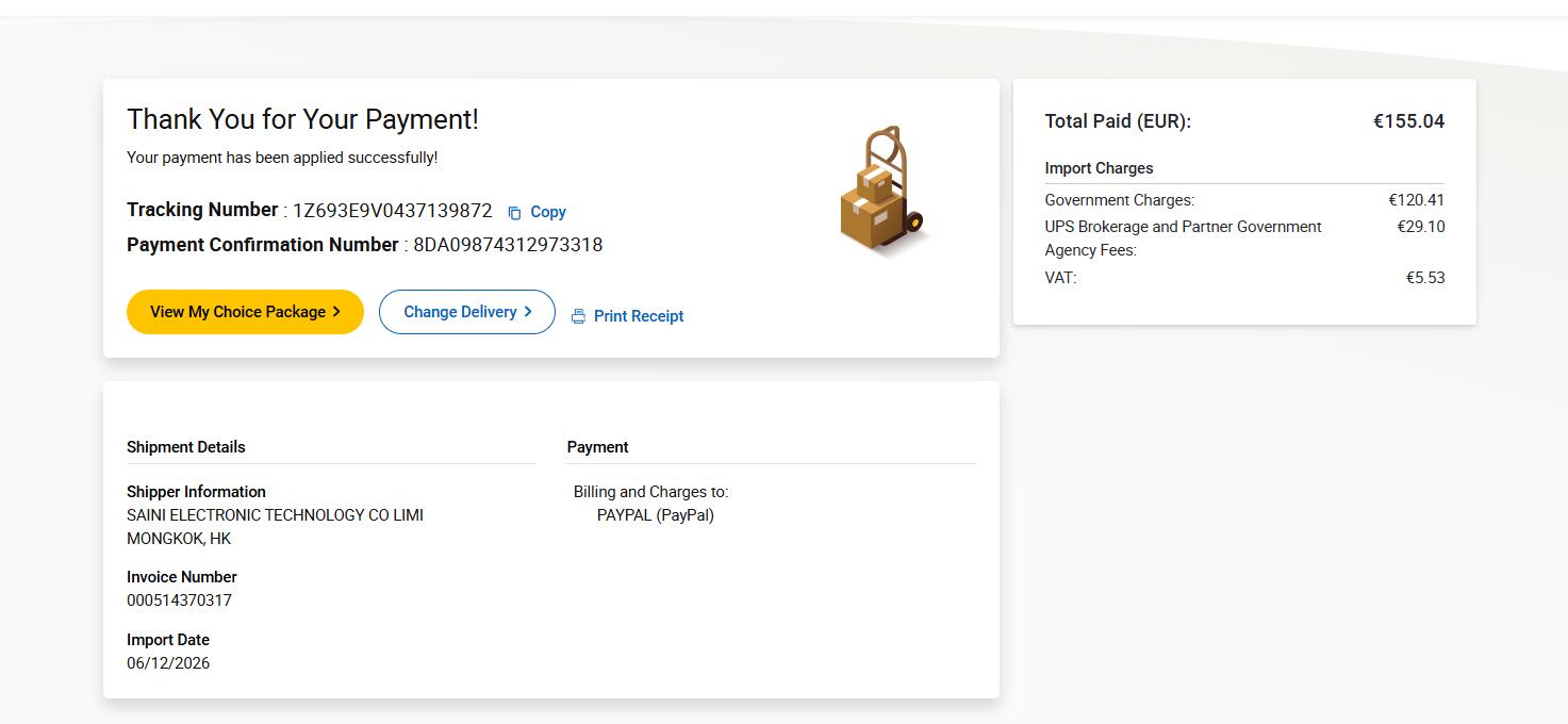 UPS Germany payment confirmation EUR 155.04 sample