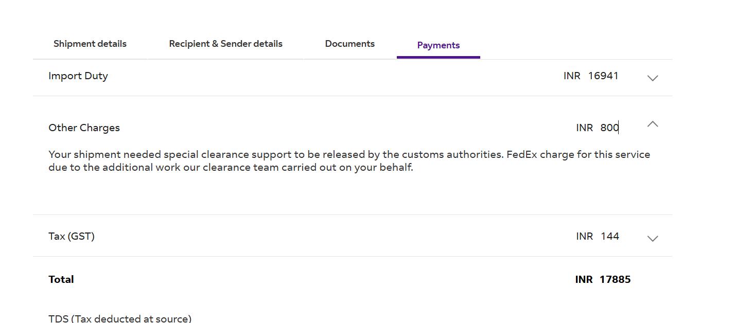 FedEx India payments other charges sample