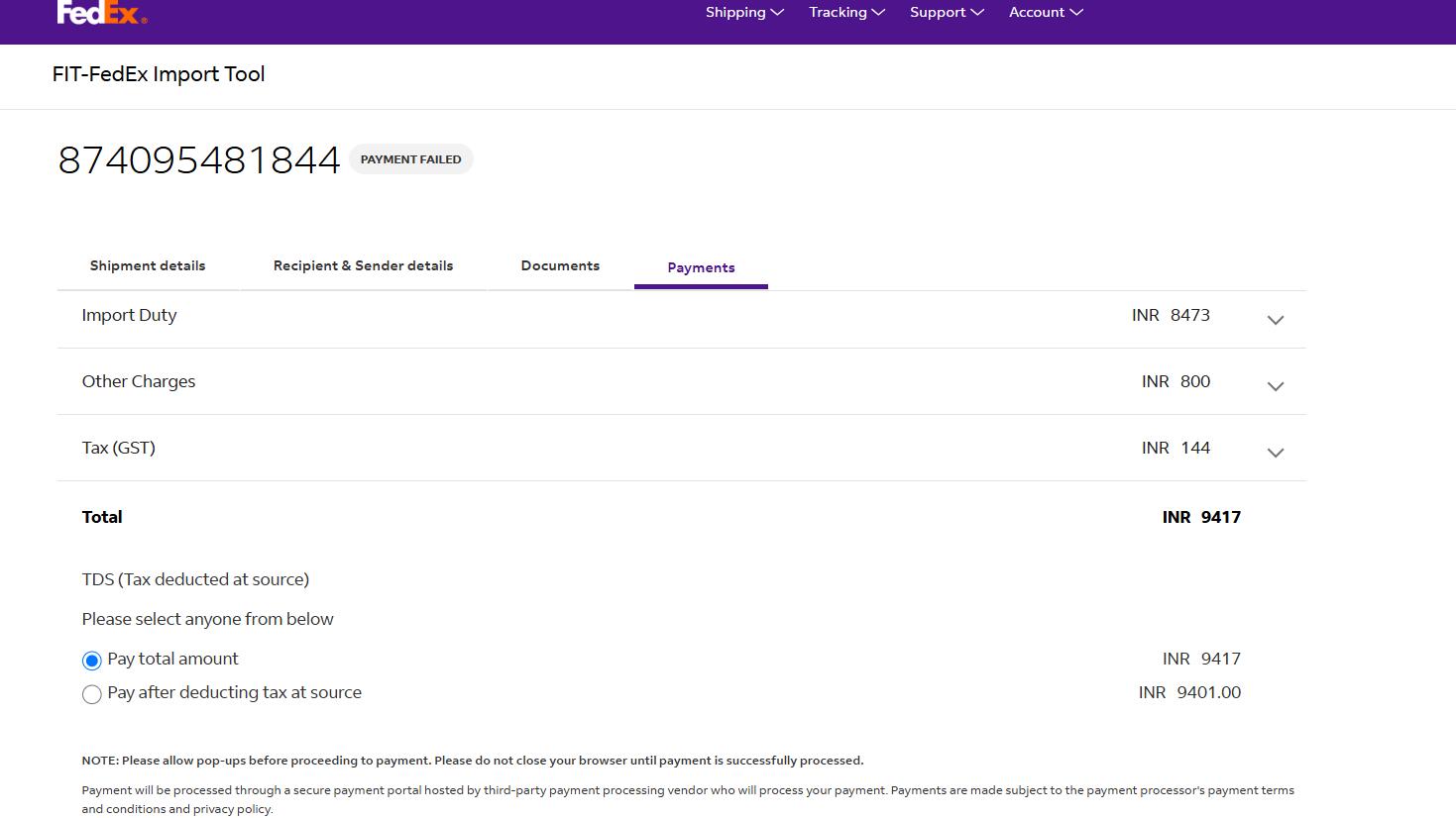 FedEx India total INR 9417 and TDS payment options