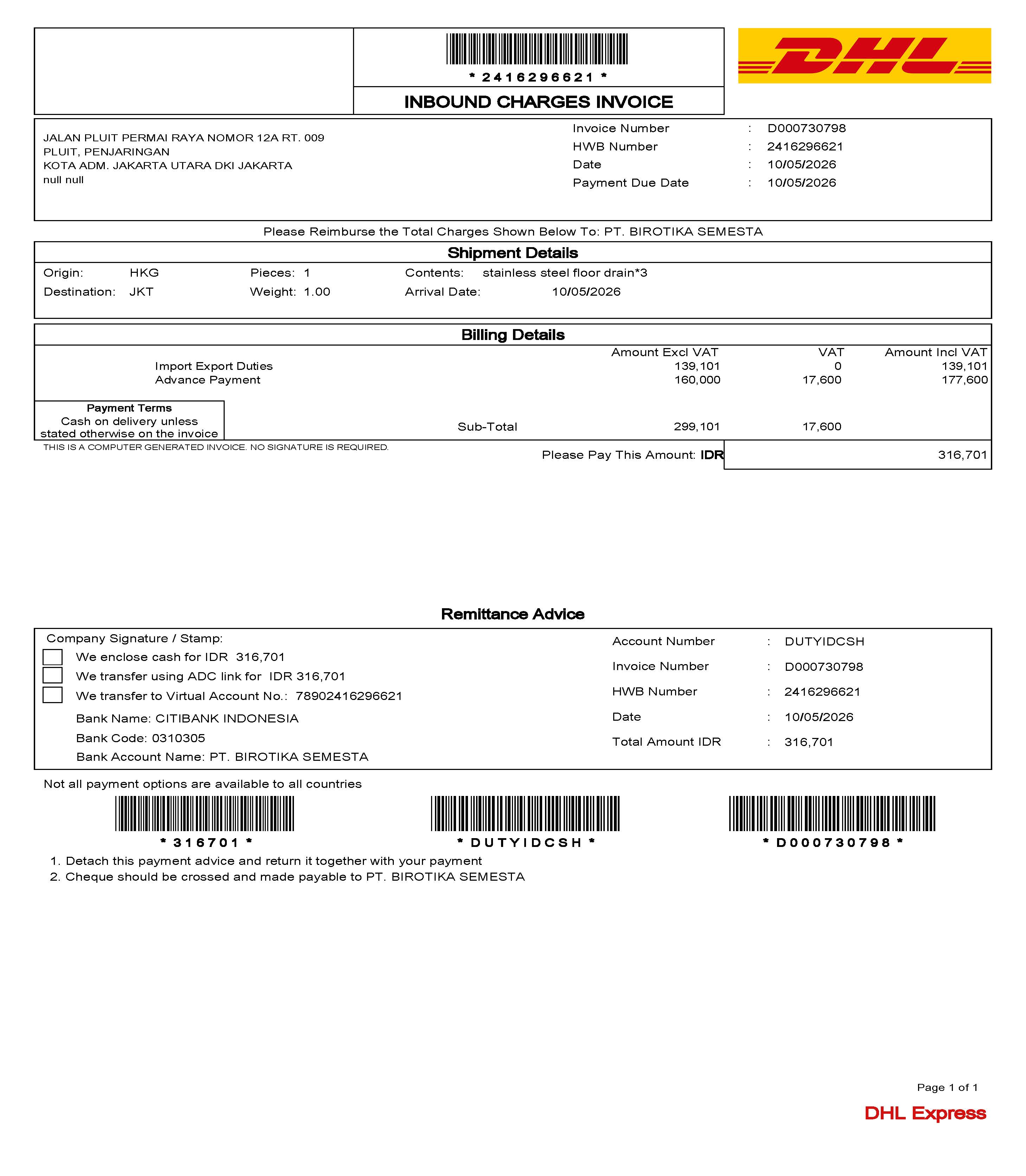 DHL Indonesia inbound charges invoice sample for Jakarta