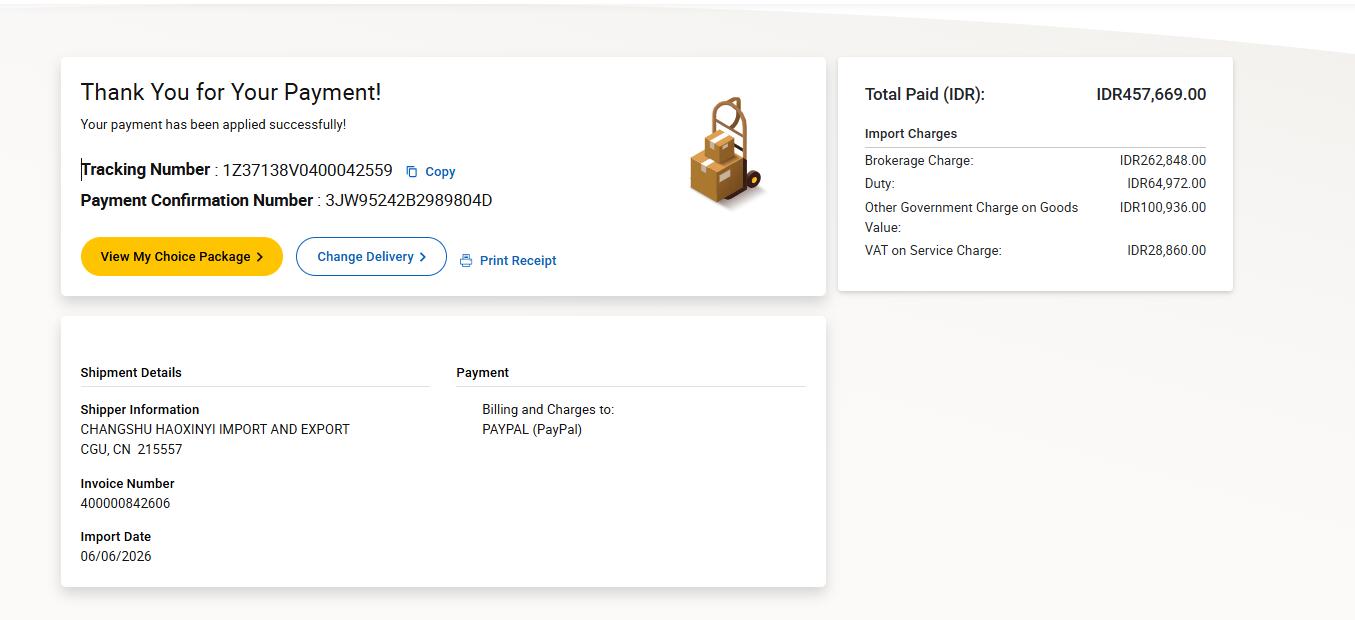 UPS Indonesia payment confirmation import charges sample