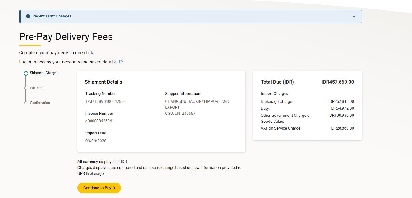 UPS Indonesia pre-pay delivery fees import charges sample